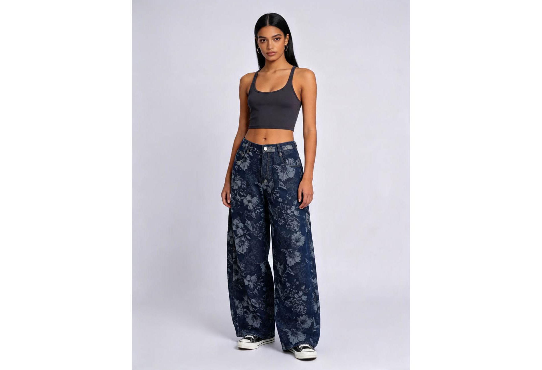 Cherie Code Women’s High-Rise Floral Print Wide Leg Jeans – Vintage Loose Fit Denim Pants, Casual Streetwear Baggy Jeans