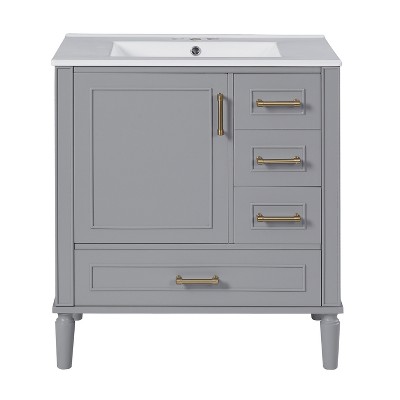 Vynxaria 30-Inch Gray Bathroom Vanity - Ceramic Sink, Soft-Close Door (Built-in Shelf), 3 Drawers, Modern Functional for Small Bathrooms