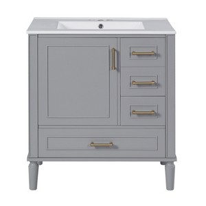Vynxaria 30-Inch Gray Bathroom Vanity - Ceramic Sink, Soft-Close Door (Built-in Shelf), 3 Drawers, Modern Functional for Small Bathrooms - 1 of 4