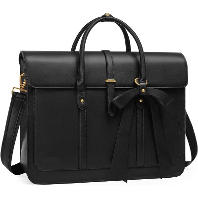 Ladies' laptop bag, 17" PU leather laptop shoulder bag, convertible backpack, crossbody bag, casual handbag, with bow tie, Black