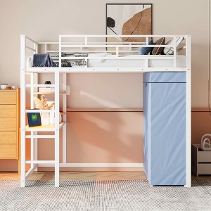 MAYEERTY Full Size Metal Loft Bed, Desk Shelves Power Outlet LED Light Wardrobe, Bedroom, White - 1 of 4