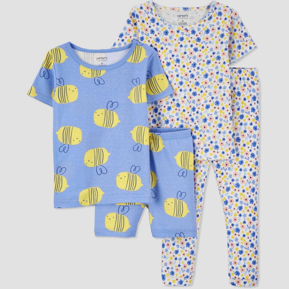 Carter's Just One You Size 3T Toddler Girls' 4pc Floral Lemon Bee Snug Fit Pajama Set - Blue/Yellow 3T