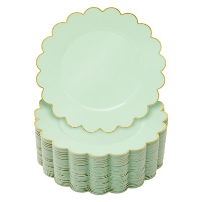 Blue Panda 50 Pack Green Plastic Dinner Plates with Gold Scalloped Edges for Birthday Party, Wedding, Baby Shower (9 In)