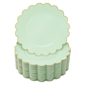 Blue Panda 50 Pack Green Plastic Dinner Plates with Gold Scalloped Edges for Birthday Party, Wedding, Baby Shower (9 In) - 1 of 4