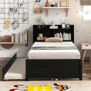 BABYYER Twin Bed with Trundle, Twin Size Platform Bed with Bookcase Headboard, Wood Bed Frame for Girls and Boys - 1 of 4