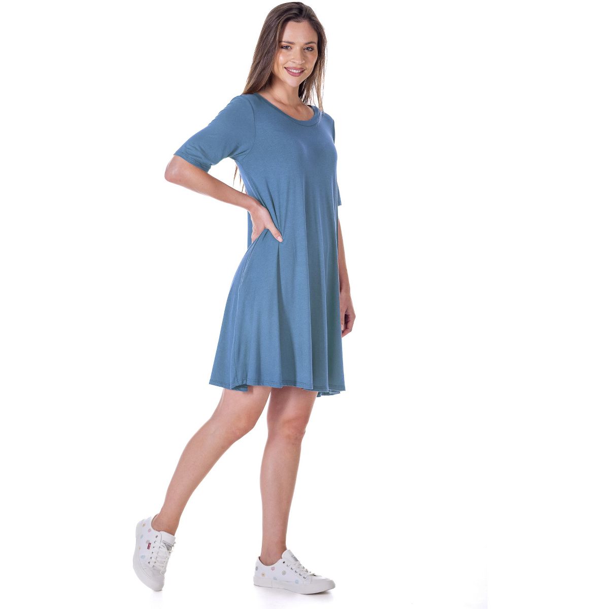 Womens Round Neck Knee Length Soft Flare T Shirt Pocket Dress - 24seven Comfort Apparel™ - thumbnail 7