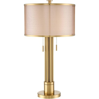 Possini Euro Design Modern Table Lamp Brass Column Taupe Organza Linen Double Drum Shade for Living Room Family Bedroom Bedside