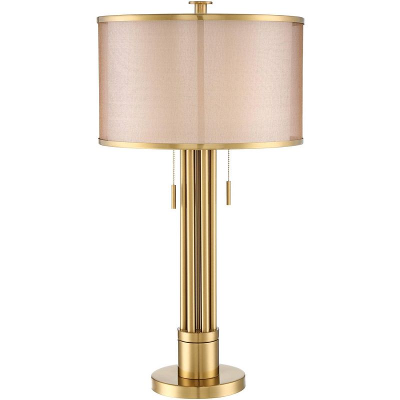 Possini Euro Design Granview Modern Table Lamp 32 1/2" Tall Brass Column Taupe Organza Outer Off White Linen Inner Drum Shade for Bedroom Living Room, 1 of 10