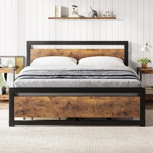 Vintage Industrial Bed Frame with Rustic Wood Headboard, 14" Underbed Storage, No Box Spring Needed, Easy Assembly - 1 of 4