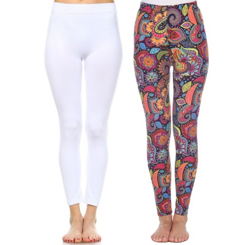 Women's Pack Of 2 Leggings White, Colorful Paisley One Size Fits Most -  White Mark : Target