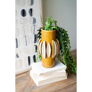 Vase 10.5"H, Feathered Ceramic Vessel - Mustard, Speckled Finish Decorative Accent By Kalalou - 1 of 4