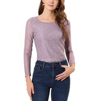 Allegra K Women's Slim Fit Sheer-Long-Sleeves Flower Embroidery Lace Top