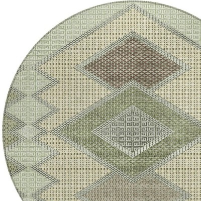 HomeRoots 8' Green Gray And Taupe Round Geometric Washable Indoor Outdoor Area Rug