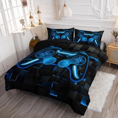 Acoinel Blue Game Console Comforter Set with 1 Quilt 2 Pillowcases, for Teens Men Adults
