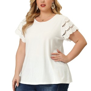 Agnes Orinda Women's Plus Size Round Neck Hollow Lace Panel Short Sleeve Casual Summer Blouses - 1 of 4