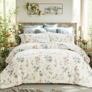 Cotton Duvet Cover Set – 100% Washed Cotton Reversible Floral Bedding with Zipper Closure, Soft Breathable 3-Piece Set - 1 of 4