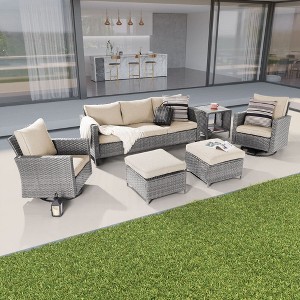 Sonkuki 6-Piece Patio Conversation Set with Swivel Rocking Chair and Side Table, Navy Blue Cushion - 1 of 4