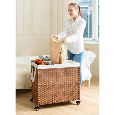 Laundry Hamper with Lid, Synthetic Rattan Clothes Laundry Basket with Lid and Handles, Foldable, Removable Liner