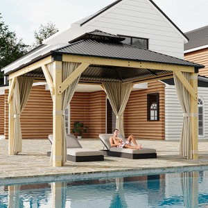 10x10 Ft Hardtop Gazebo with Netting and Curtains, Wood Gazebo Heavy Duty Double Roof for Patio, Backyard - 1 of 4