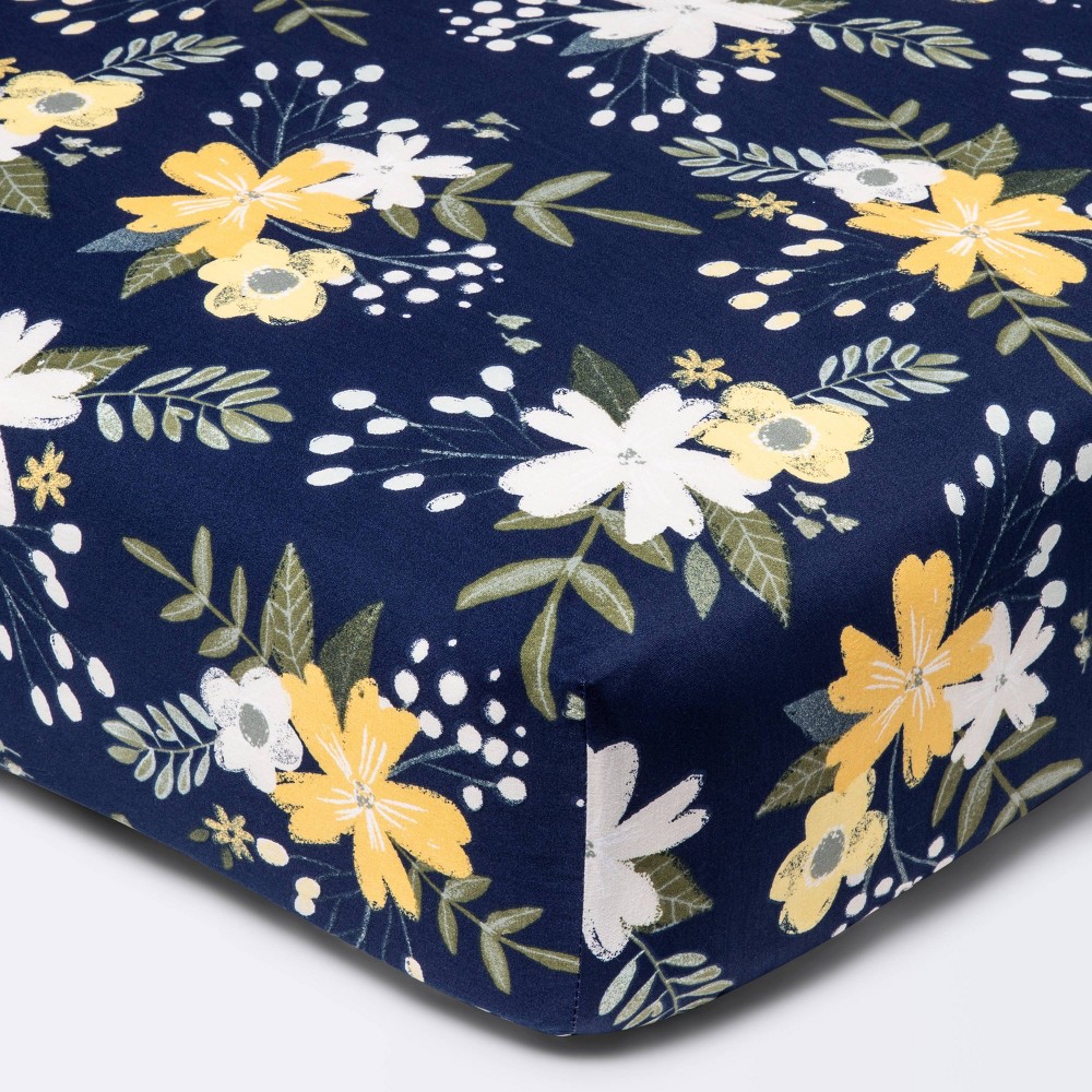 Photos - Bed Linen Fitted Crib Sheet Meadow - Cloud Island™ - Navy Floral: 100 Cotton, 200 Thread Count, Percale Construction