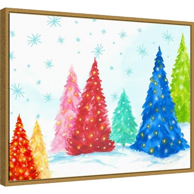 Magic Christmas Trees Multicolor Canvas Print with Gold Frame