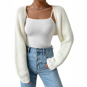 Coolmee Women's Open Front Ribbed Knit Crop Bolero Drop Shoulder Long Sleeve Loose Fit Knitted Crop Cardigan Shrug White M - 1 of 4