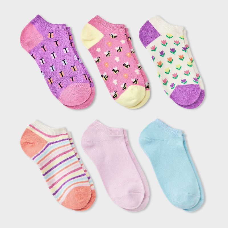 Girls' 6pk 'Bees' Super Soft No Show Socks - Cat & Jack™ Pink, 1 of 5