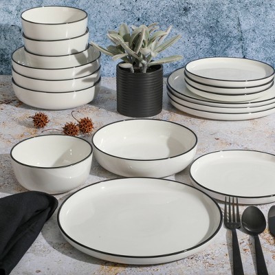 Oslo White Porcelain Dinnerware Set with Black Rim, Service for 4