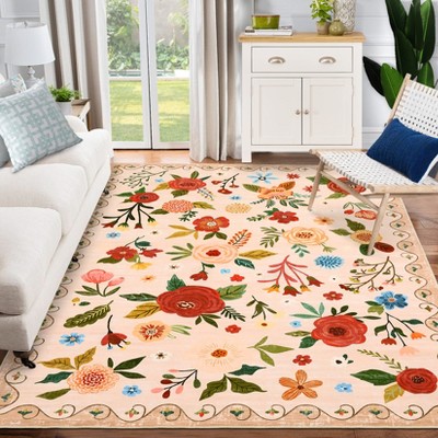 Modern Washable Area Rug for Living Room, Vintage Floral Floor Rug with Non Slip Backing, Low Pile Resistant Carpet for Home,