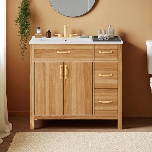 36" Wood Bathroom Vanity with Solid Wood Frame, 2 Soft Close Doors, 3 Drawers, Adjustable Shelf, Ceramic Sink Compatible - 1 of 4