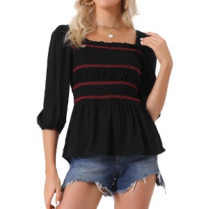 Allegra K Women's 3/4 Sleeve Square Neck Ruffle Peplum Boho Smocked Tops - 1 of 4
