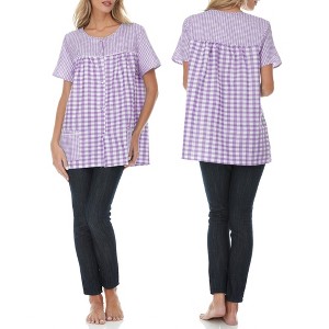 Ezi Women's Snap Front Short Sleeve Gingham Shift Seersucker Housecoat Apron Shirt - 1 of 4