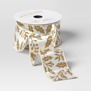 45' Christmas Fabric Ribbon Gold Glitter Holly and Berries on White - Wondershop™ - 1 of 3