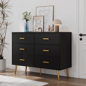 6-Drawer White/Black Bedroom Dresser with Gold Handles: Modern Wood Dresser with Wide Drawers, Long Chest for Living Room, Hallway & Entryway - 1 of 4