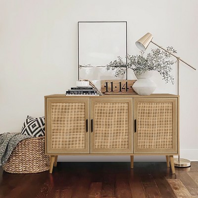 Light Oak 3-Door Rattan and Wood Sideboard Cabinet