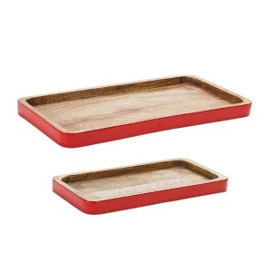Red Trimmed Wooden Tray (Set of 2) - 1 of 4