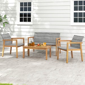 Costway 4 PCS Outdoor Furniture Set, Acacia Wood Frame Sofa Set with Rattan Seat - 1 of 4