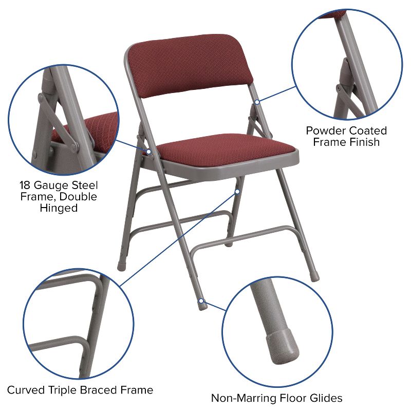 Emma and Oliver 4 Pack Curved Triple Braced & Double Hinged Fabric Upholstered Metal Folding Chair, 3 of 8