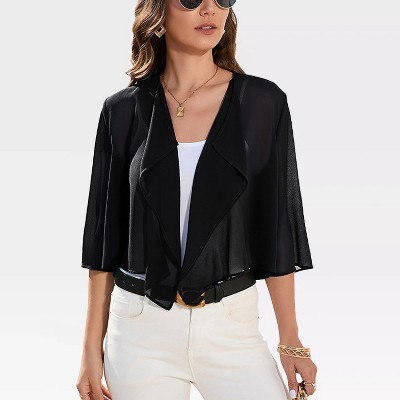 Womens Mesh Cardigan Open Front Batswing Sleeve Shrugs Lightweight Semi-Sheer Floral Cardigan,Black - S