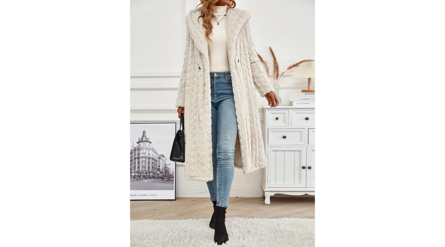 Женские куртки YesFashion Winter Long Coats Front Button Long Sleeve Woolen Hooded Casual Loose Fit Fashion Cable Outerwear S Off White, цвет: Белый — фото 1