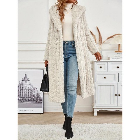Женские куртки YesFashion Winter Long Coats Front Button Long Sleeve Woolen Hooded Casual Loose Fit Fashion Cable Outerwear S Off White, цвет: Белый