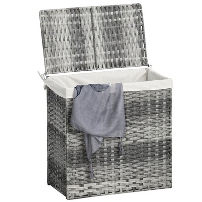 Outsunny Divided Laundry Hamper Foldable Storage Basket Rattan Clothes Hamper with Lid Removable Liner Bag Grey