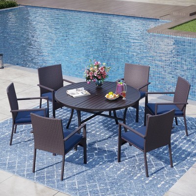 Captiva Designs 7pc Black Round Slatted Steel Table with Umbrella Hole & Cushioned Armrest Rattan Chairs