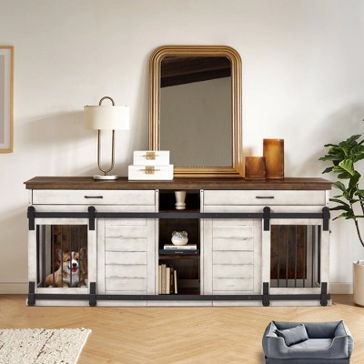 Large White Wood Dog Crate Table with Drawers