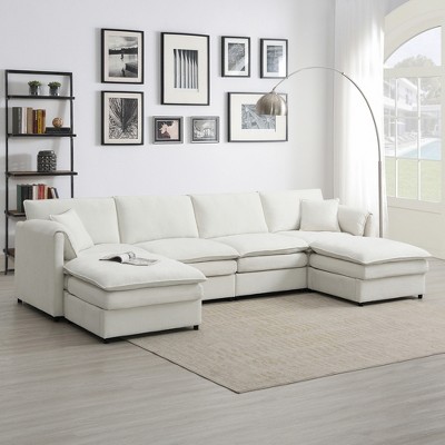 134" Oversized Chenille Cloud Modular U-Shaped Sectional Sofa with Double Cushions, 2 Ottomans & Pillows