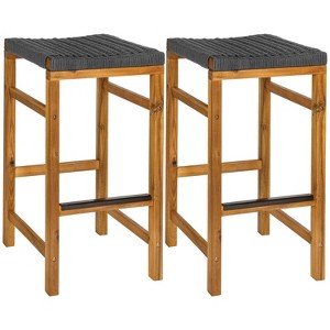 JONATHAN Y Armand Modern Coastal Backless Acacia Wood Outdoor Bar Stool with Woven Rope Sea (Set of 2) - 1 of 4
