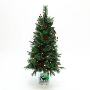 LuxenHome 4Ft Pre-Lit Green Artificial Pine Christmas Tree Potted with Red Berry Decorations - 1 of 4