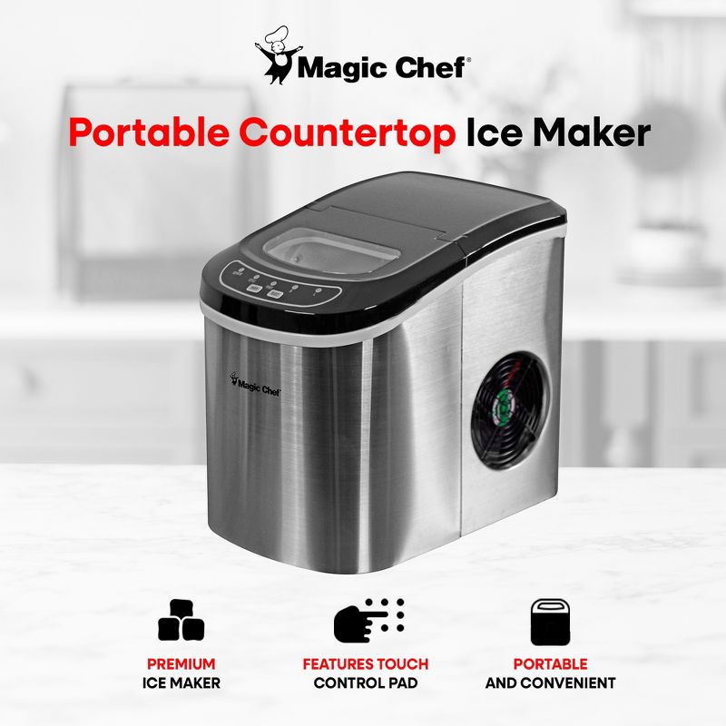 Magic Chef MCIM22ST 27 Pound Portable Home Countertop Ice Maker in 2 Sizes w/See Through Window, Exterior Drain, & Settings Display, Stainless Steel, 2 of 7