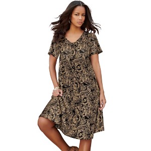 Roaman's Petite Ultrasmooth Plus Size V-Neck Swing Dress – Soft Knit, Flattering Fit - 1 of 4