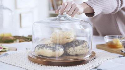 Acacia Wood Round Cake Stand with Glass Dome Lid